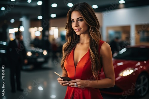 b'Elegant woman in red dress standing in car showroom'