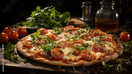 b'A delicious pizza with tomatoes, cheese, basil, and other toppings'