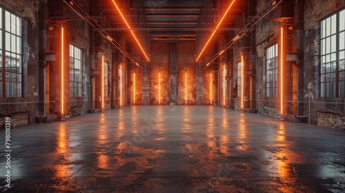 A large, empty room with orange lights and a brick wall. The room is empty and has a dark, industrial feel photo