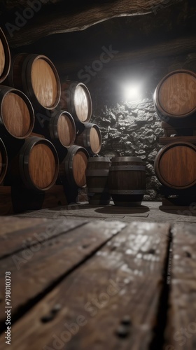 b'An image of a wine cellar with wooden barrels stacked in the background and a few barrels in the foreground.' © Adobe Contributor