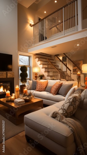 b'Stairway and Fireplace in a Modern Living Room'