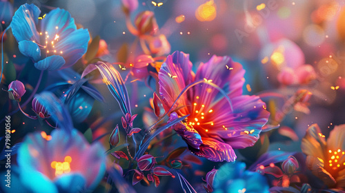 Whimsical abstract florals with vibrant colors and glowing fireflies. Watercolor 3D illustration, texture.