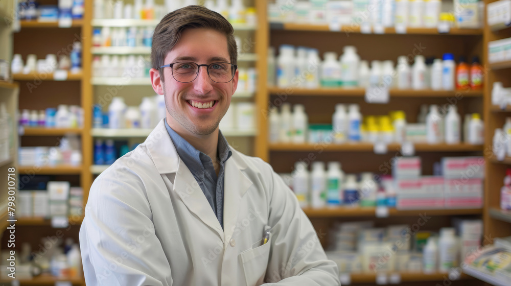 Portrait of a male pharmacist in a pharmacy. On a blurred background