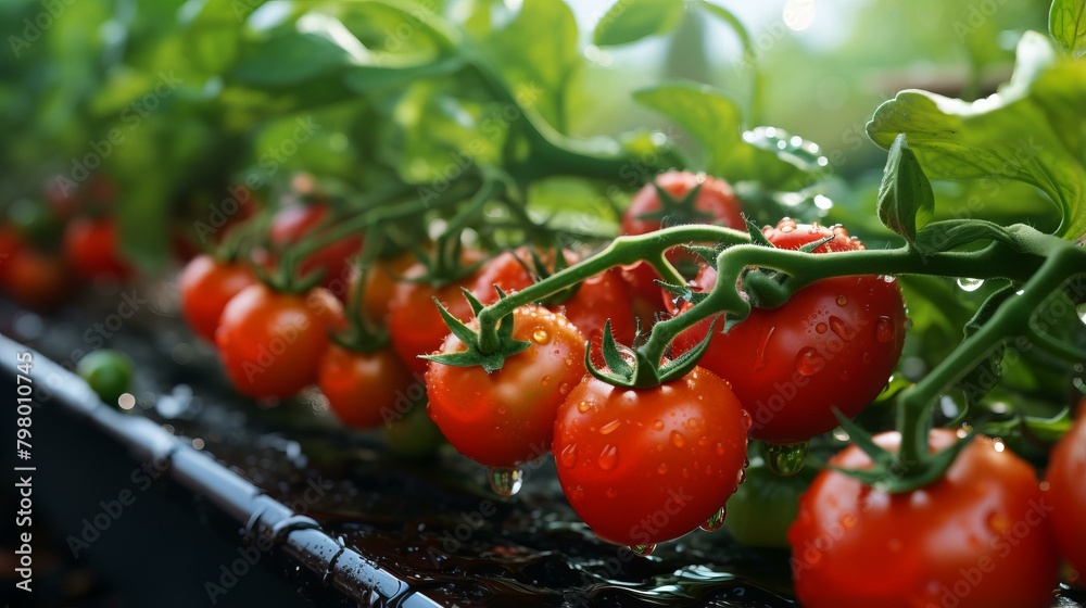b'Close-up of ripe tomatoes growing in a greenhouse' b'Close-up of ripe tomatoes growing in a greenhouse'