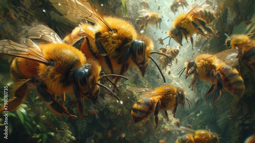 b'A swarm of bees in a lush green forest' photo