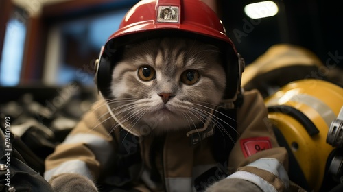 b"A cat wearing a firefighter's helmet and uniform"