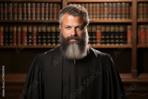 b'Portrait of a male judge in a law library.'