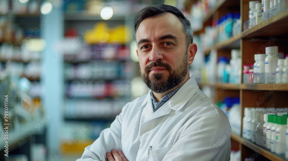 Portrait of a male pharmacist in a pharmacy. On a blurred background