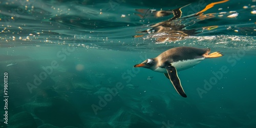 b'Gentoo penguin swimming underwater in the Southern Ocean'