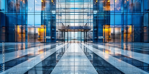 Modern glass and steel office building with blue reflective windows