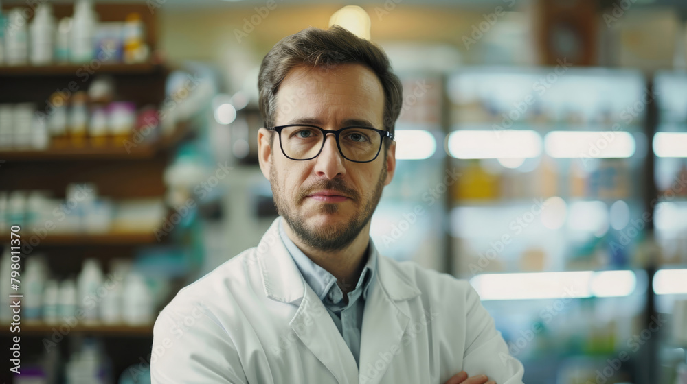 Fototapeta premium Portrait of a male pharmacist in a pharmacy. On a blurred background