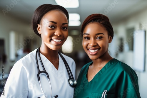 b'Two smiling African American female doctors in scrubs and stethoscopes in a hospital hallway'