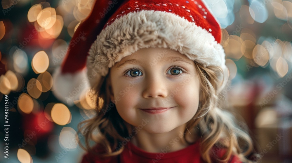 b'Little girl in Santa hat smiling in front of Christmas tree' b'Little girl in Santa hat smiling in front of Christmas tree'