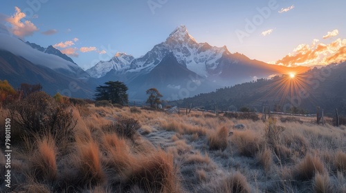 b'Himalayas mountain range landscape with Ama Dablam peak at sunrise' photo