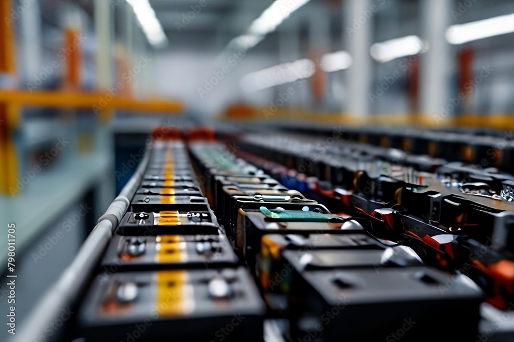 Production assembly line of electric vehicle battery cells close-up view