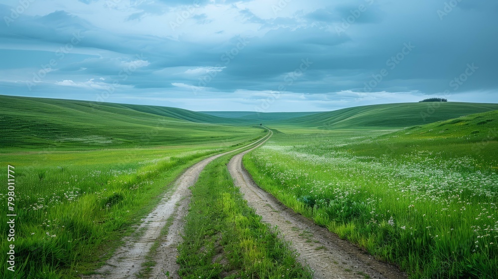 b'Scenic view of a rural road through a lush green field'