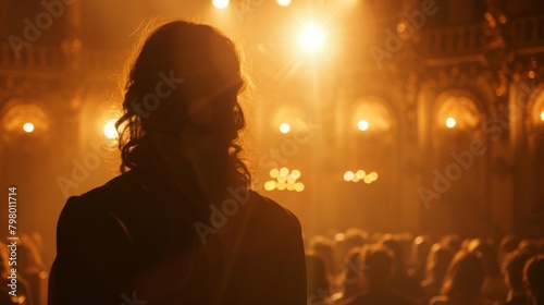 Soft outoffocus stage lights casting a dreamlike glow while a hushed figure slips into the back row ly noticeable amidst the still audience. .