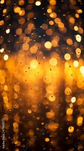 b'Golden bokeh background with water drops on glass window'