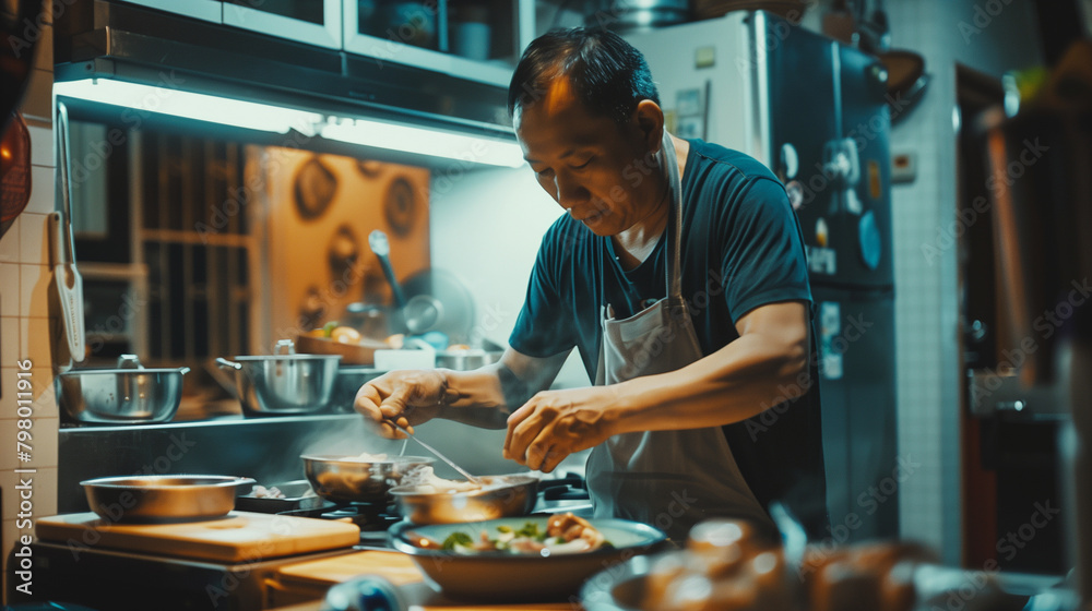 Family Dinner: A photo capturing an Asian father setting the table and preparing dishes for a family dinner, showcasing the importance of family bonding over meals, Asian fathers p Family Dinner: A photo capturing an Asian father setting the table and preparing dishes for a family dinner, showcasing the importance of family bonding over meals, Asian fathers p