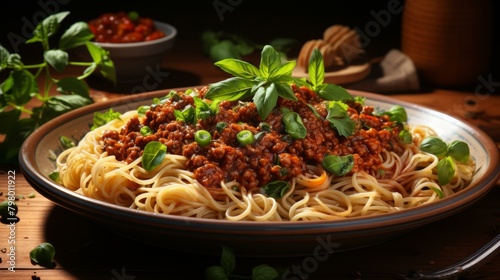 b'A plate of delicious spaghetti with minced meat and basil'