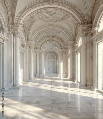 ornate hallway with marble floor and arched ceiling