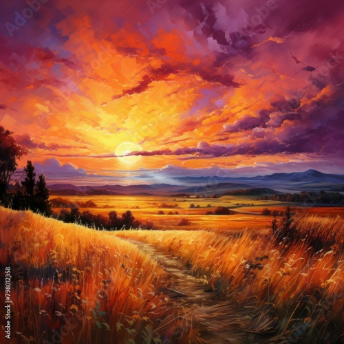b'sunset field landscape painting'
