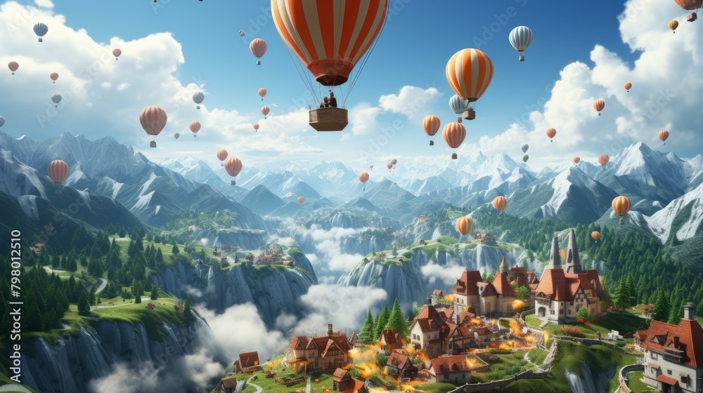 Fototapeta premium b'Hot Air Balloons Over a Fantasy Mountain Valley'