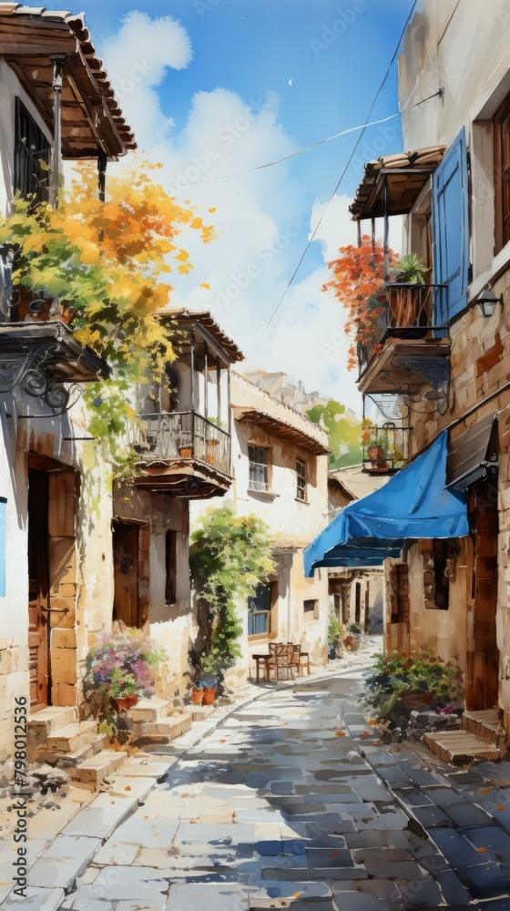 b'An illustration of a narrow street with stone buildings, blue doors, and flower pots'