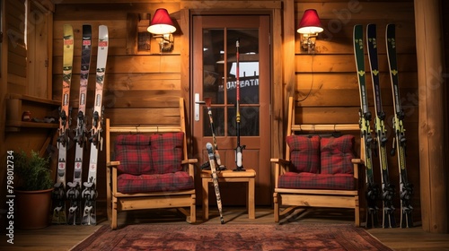 b'Two armchairs in a wooden house with skis and ski poles' photo