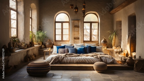 b Cozy bedroom interior with large bed  pillows  cushions  and plants 