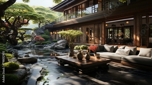 b'Courtyard with a Zen garden and a modern house in the background'