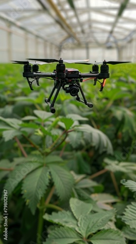 b'A drone is flying over a field of green plants.'