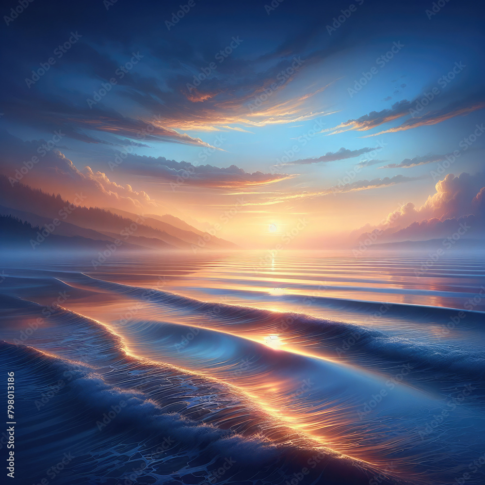 Generative AI beautiful view of the clear ocean in the afternoon, ocean view at sunset, beautiful ocean view unfolding with the sunset, beauty of the ocean at sunset, beautiful ocean in the afternoon 