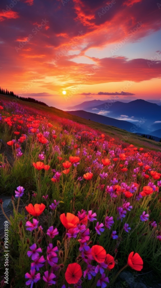 b'Field of red and purple flowers with a sunset in the background'