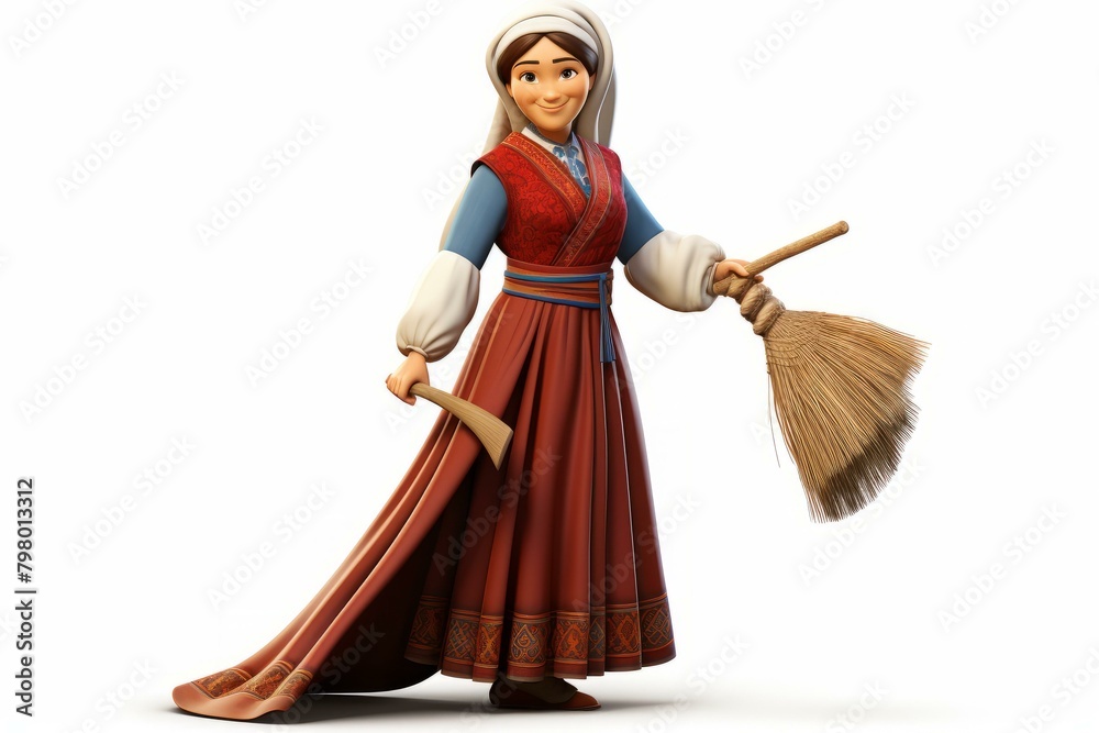 b'A woman in a red dress is holding a broom and a dustpan.'