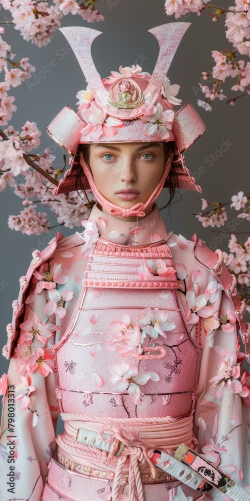 Portrait of a young woman wearing a samurai armor decorated with cherry blossoms