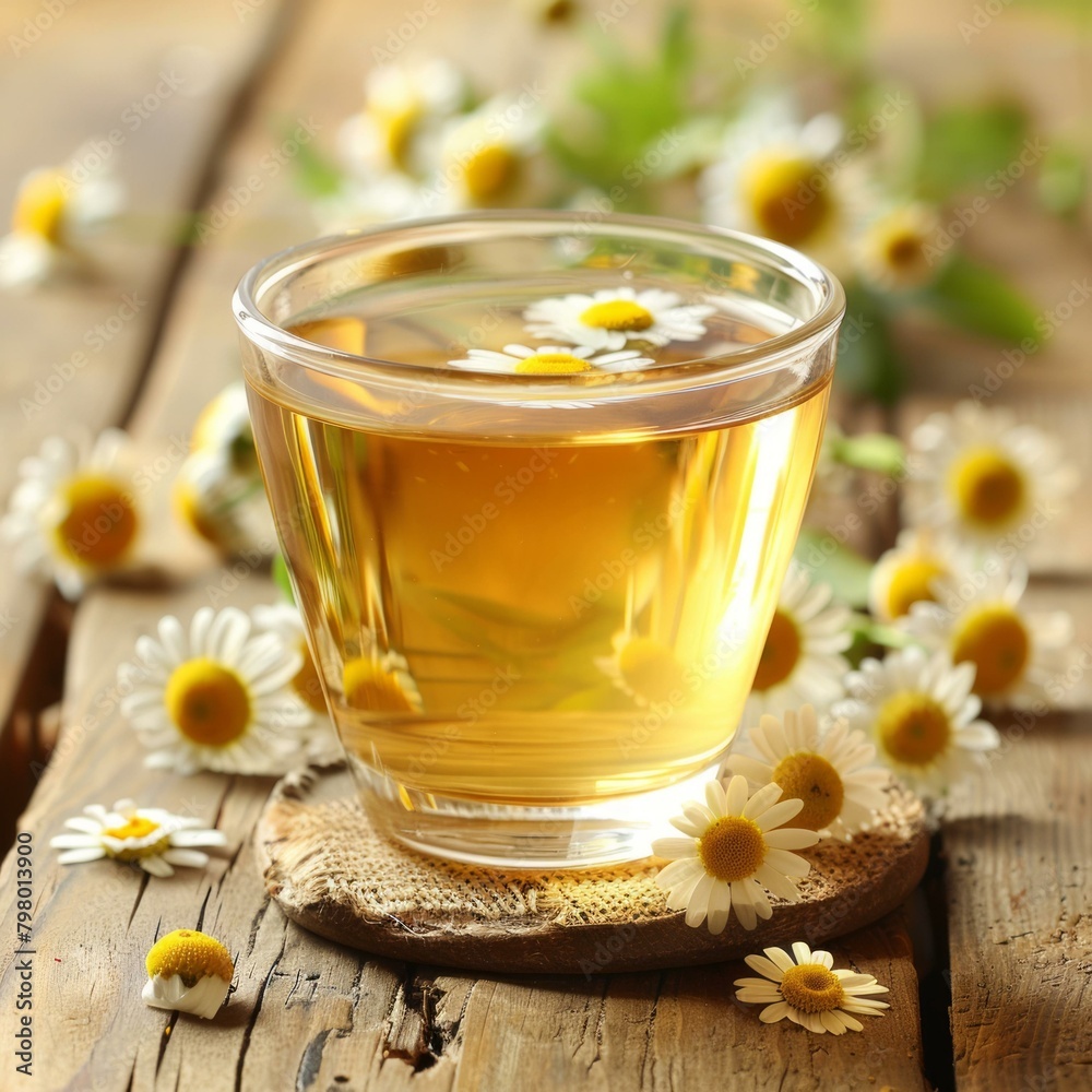b'Chamomile tea in a glass cup on a wooden table' b'Chamomile tea in a glass cup on a wooden table'