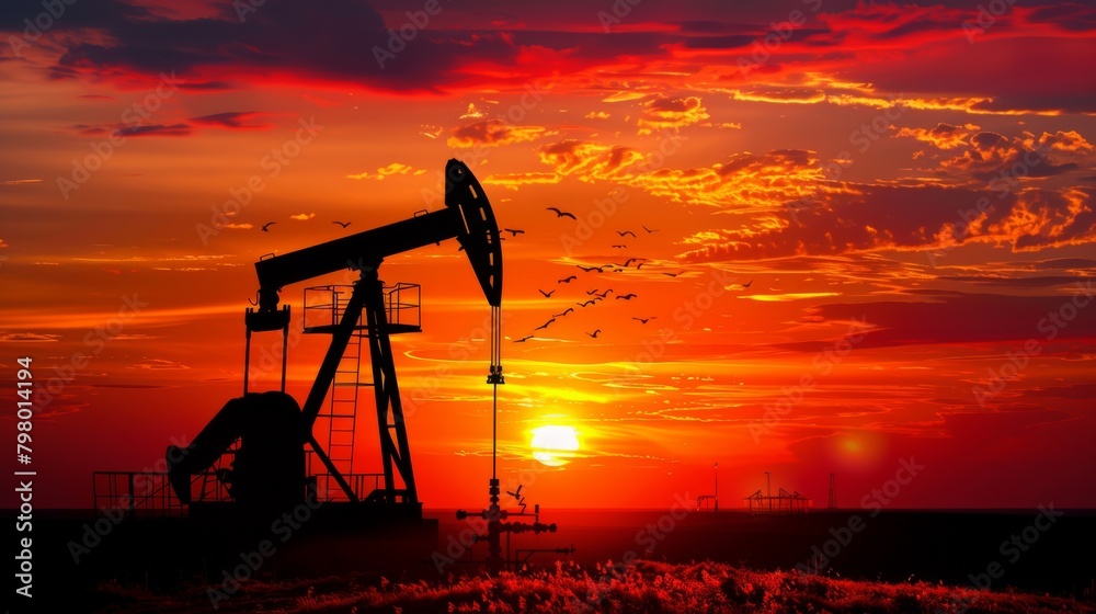 Oil Pumpjack at Fiery Sunset