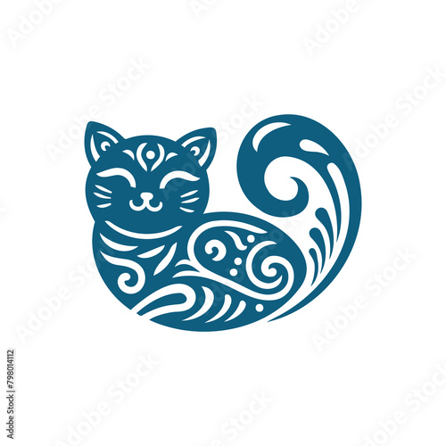 Dark Green and White Illustration of Decorative Cat photo