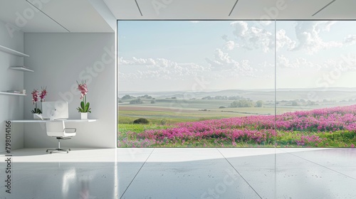 Minimalist home office with a view of a field of flowers