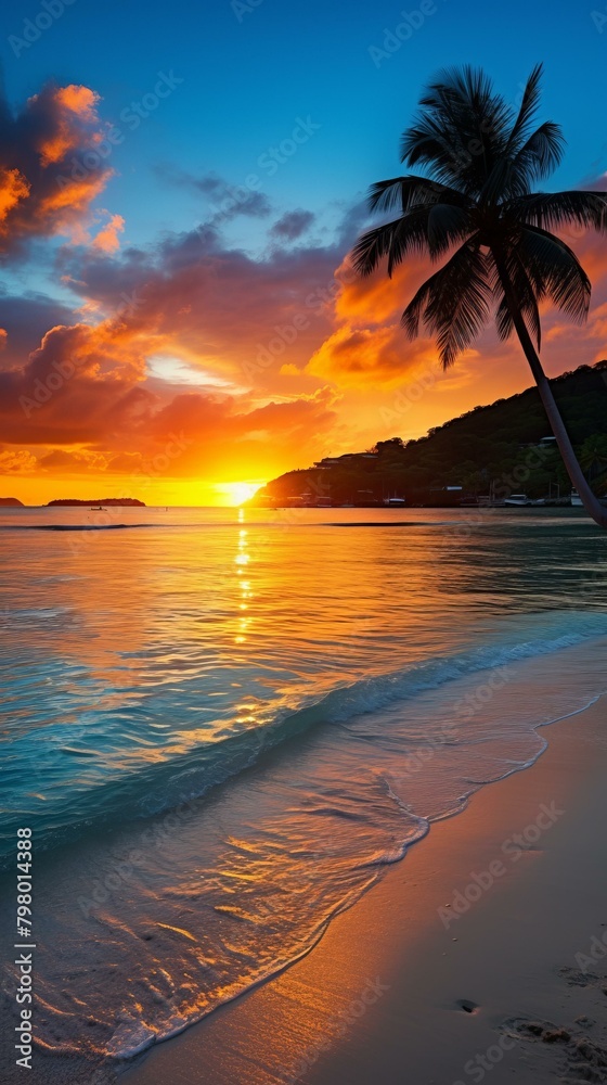 b'Beach sunset with palm trees'