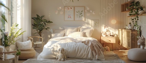 Peaceful children's bedroom with minimalist furniture, soft bedding, and tranquil color palette, designed for serene childhood slumber, 3D vray photo