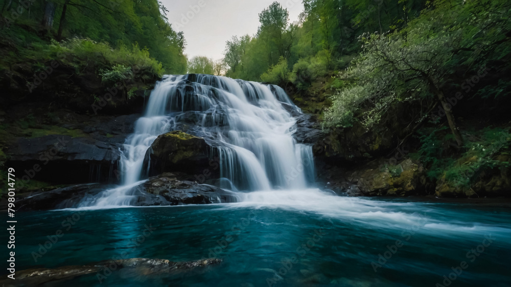 Obraz premium Landscape with river and forest with green trees. Silky crystal water and long exposure. Ordesa Pyrenees. 