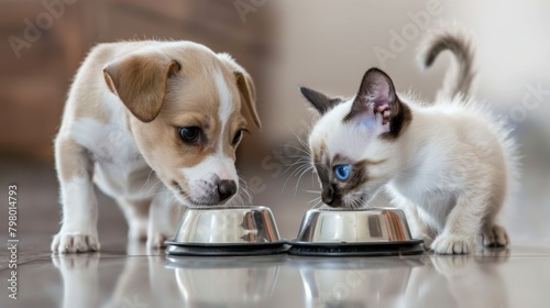 Puppy and Kitten Sharing Meal photo