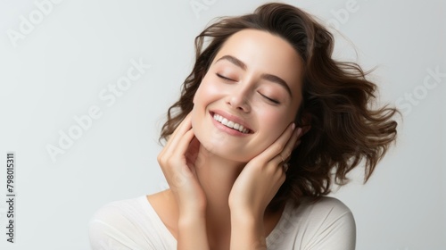 b Portrait of a beautiful young woman with brown hair and white skin smiling with her eyes closed 