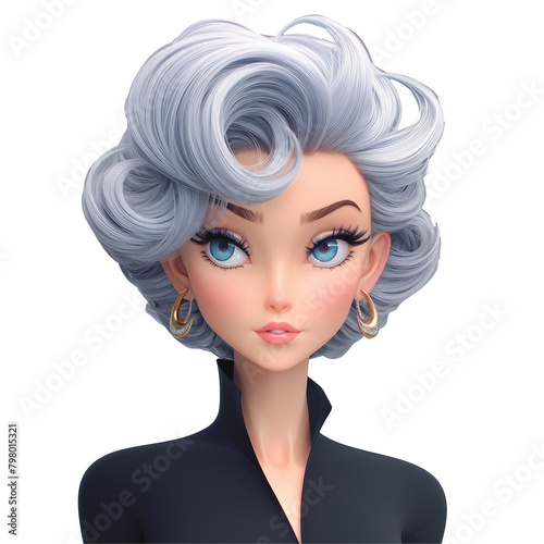 A vibrant depiction of a cartoon lady in her middle years boasting a stylish hairdo set against a cool gray background