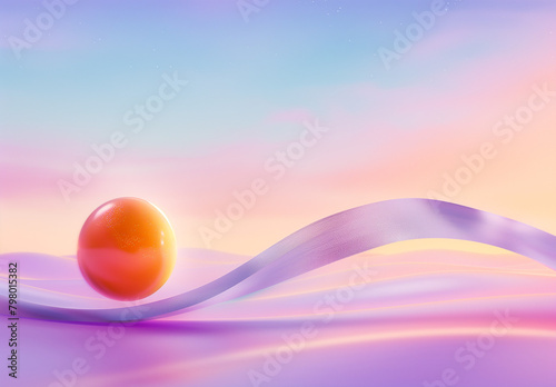 Minimalist background with pink and purple gradient, simple shapes, a soft peachcolored sphere on top of the curves, cartoon style, 3D rendering, cute  photo