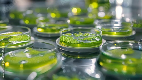 Algae samples in petri dishes. Green algae cultures growing in biotech laboratory petri dishes.  photo