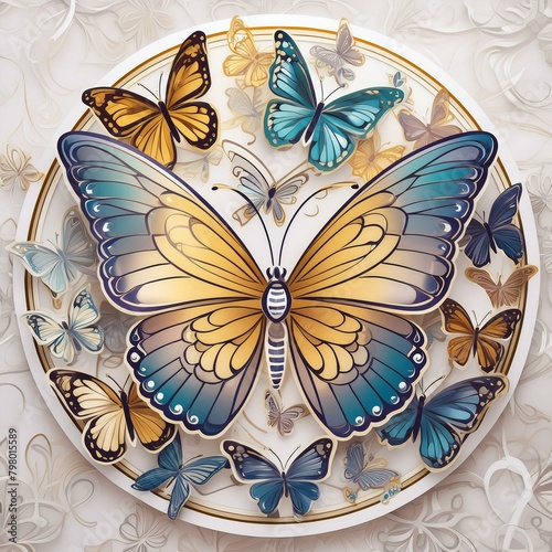 Circular Butterfly Stickers featuring delicate illustrations of vibrant butterflies © esta