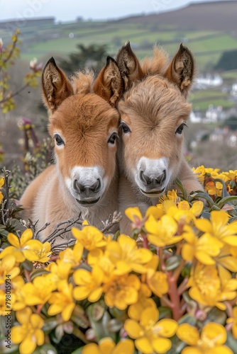 Adorable ponies grazing in green field with copy space. Vertical image for ads and promotions